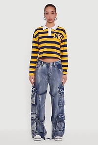 Acid Wash Wide Leg Strap Cargo Jeans