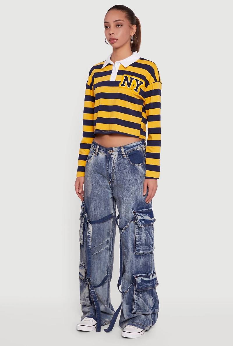 Womens Acid Wash Wide Leg Strap Cargo Jeans, Blue, Size M