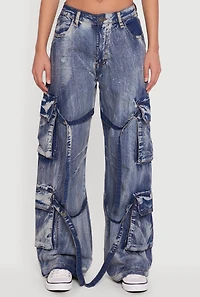 Acid Wash Wide Leg Strap Cargo Jeans