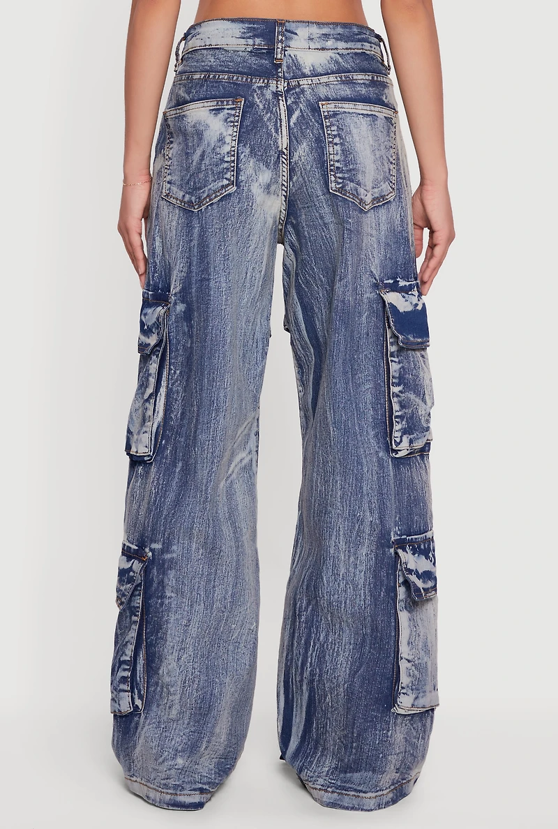 Acid Wash Wide Leg Strap Cargo Jeans