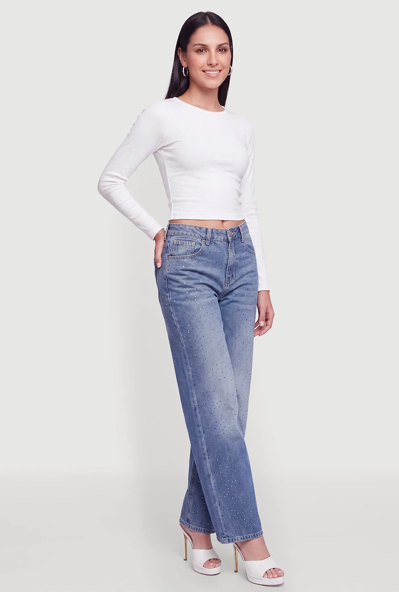 Spoon Jeans Rhinestone Mid Rise Wide Leg
