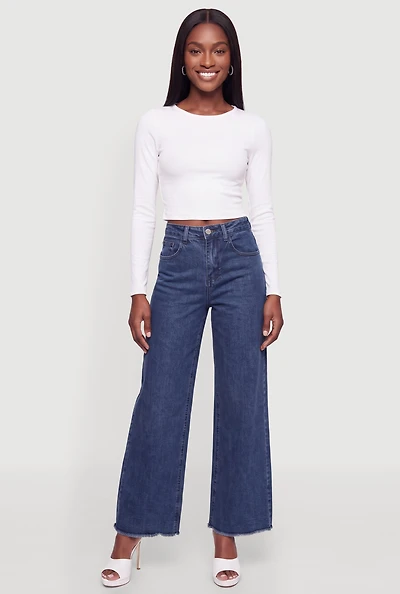 High Waisted Frayed Hem Wide Leg Jeans
