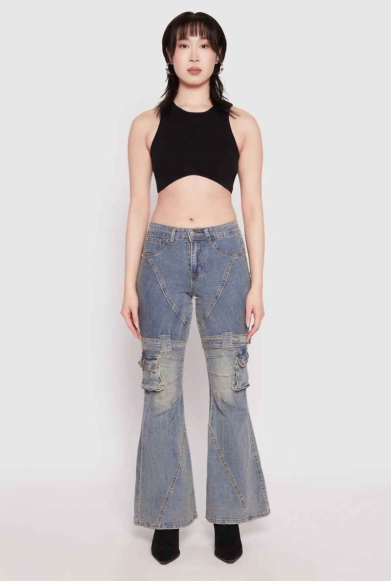 Womens Spoon Jeans Buckle Detail Flare Jeans, Blue, Size 3