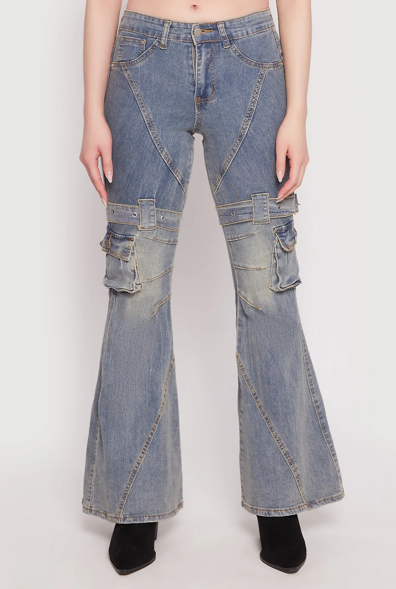 Womens Spoon Jeans Buckle Detail Flare Jeans, Blue, Size 3