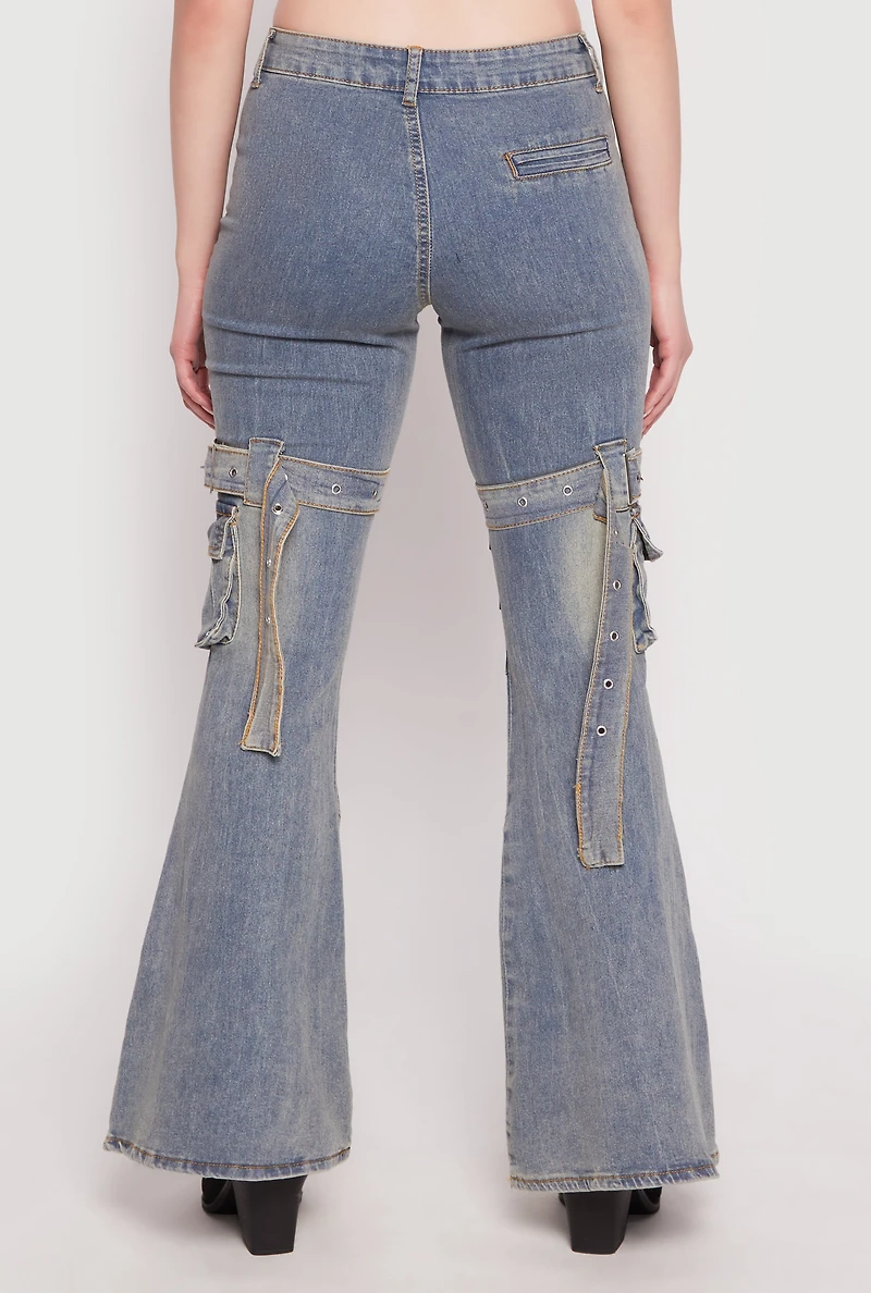 Womens Spoon Jeans Buckle Detail Flare Jeans, Blue, Size 3