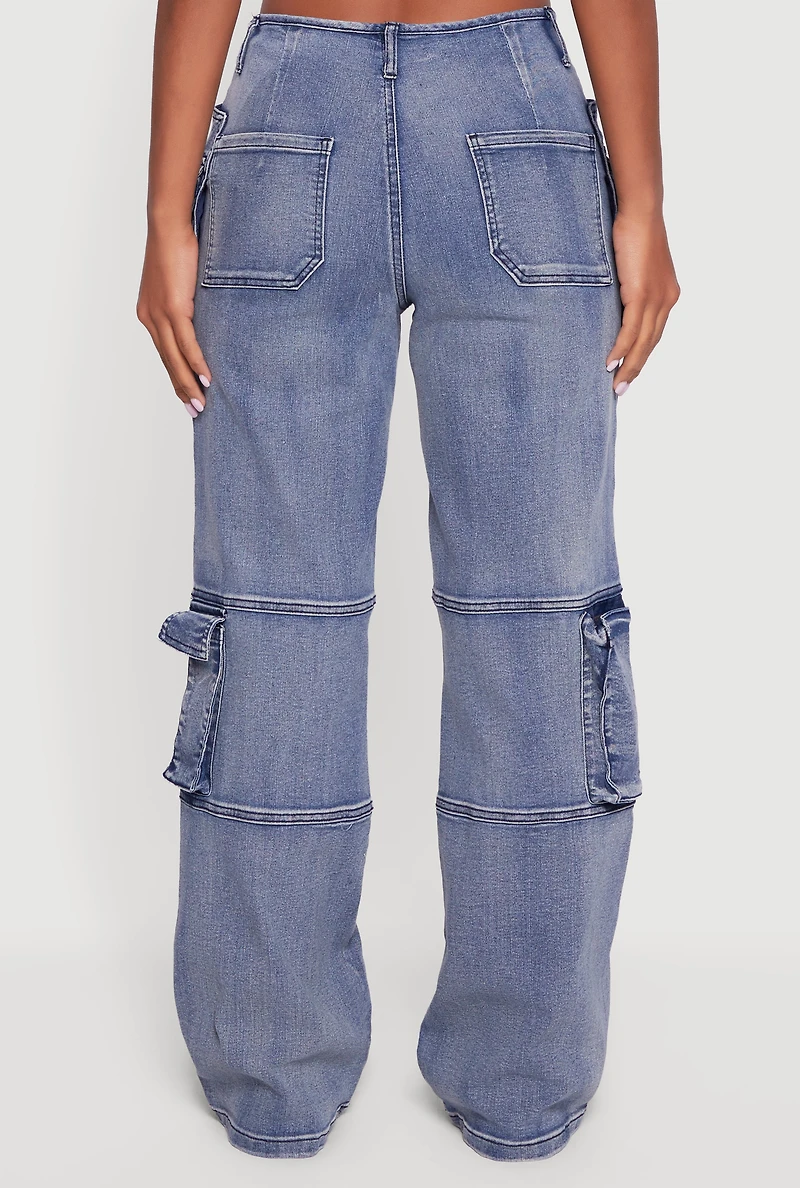 Womens Mineral Wash Straight Leg Utility Jeans, Blue, Size M