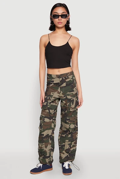 Womens Drawstring Hem Cargo Camouflage Joggers, Green, Size M