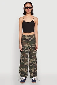 Womens Drawstring Hem Cargo Camouflage Joggers, Green,
