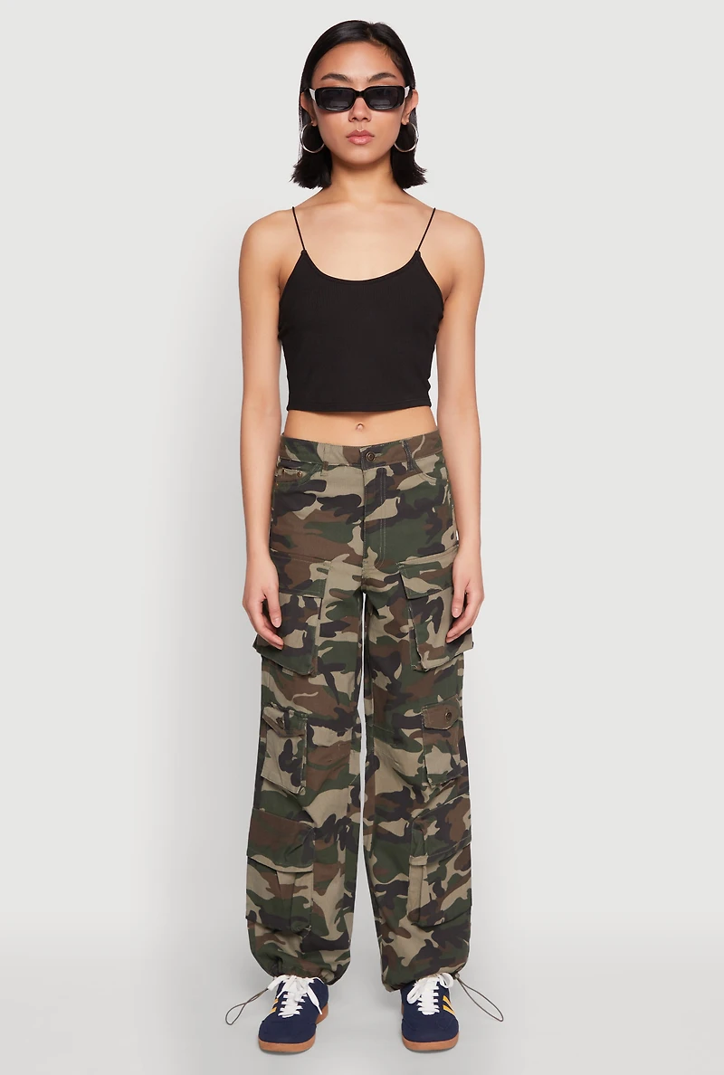 Womens Drawstring Hem Cargo Camouflage Joggers, Green, Size S