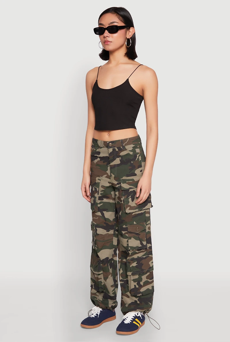 Womens Drawstring Hem Cargo Camouflage Joggers, Green, Size S