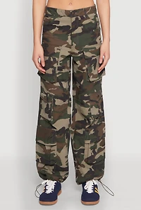 Womens Drawstring Hem Cargo Camouflage Joggers, Green,