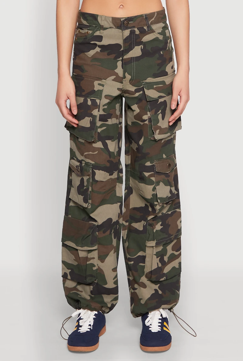 Womens Drawstring Hem Cargo Camouflage Joggers, Green, Size S
