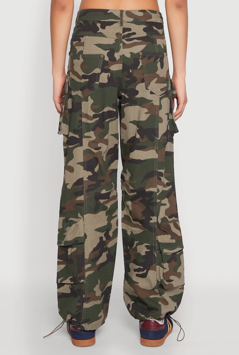 Womens Drawstring Hem Cargo Camouflage Joggers, Green, Size S