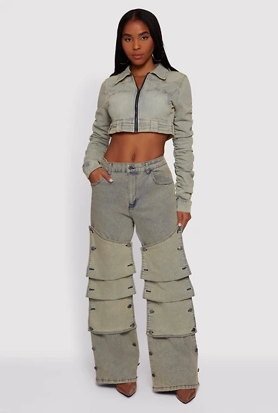 Acid Wash Adjustable Button Front Jeans