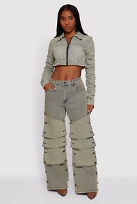 Acid Wash Adjustable Button Front Jeans