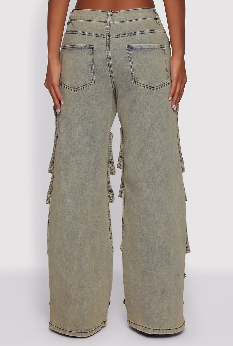 Acid Wash Adjustable Button Front Jeans