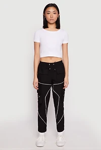Womens Contrast Piping Hyperstretch Cargo Joggers, Black, Size XL