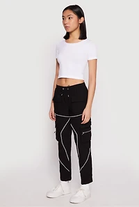 Womens Contrast Piping Hyperstretch Cargo Joggers, Black,