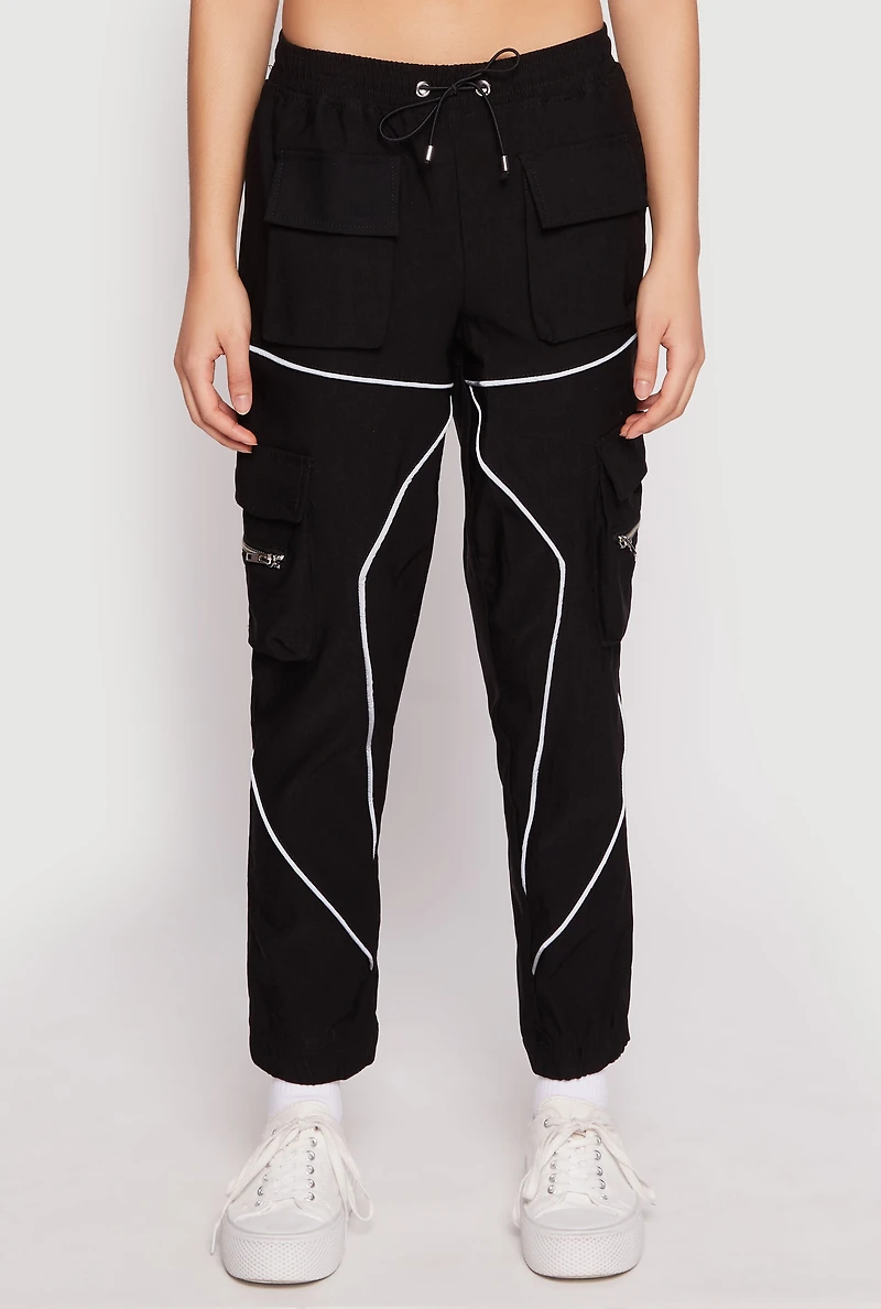 Womens Contrast Piping Hyperstretch Cargo Joggers, Black,