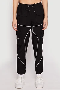 Womens Contrast Piping Hyperstretch Cargo Joggers, Black,