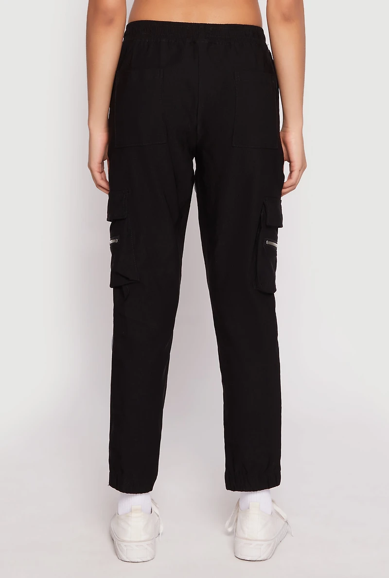 Womens Contrast Piping Hyperstretch Cargo Joggers, Black,
