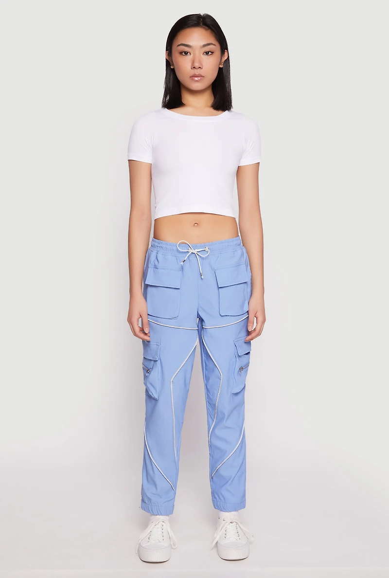 Womens Contrast Piping Hyperstretch Cargo Joggers, Blue, Size XL