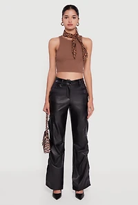 Womens Side Slit Faux Leather Flare Leg Dress Pants, Black, Size L