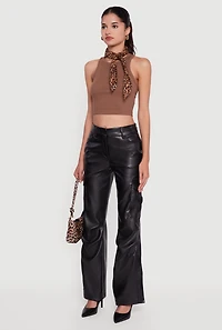 Womens Side Slit Faux Leather Flare Leg Dress Pants, Black, Size L