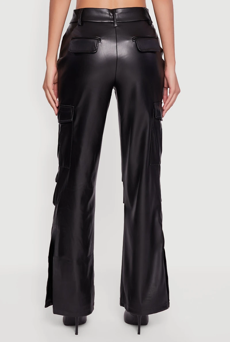 Womens Side Slit Faux Leather Flare Leg Dress Pants, Black, Size L