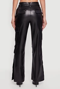 Womens Side Slit Faux Leather Flare Leg Dress Pants, Black, Size L