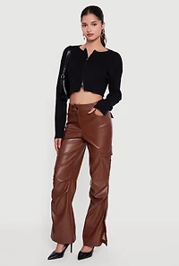 Side Slit Faux Leather Flare Leg Dress Pants