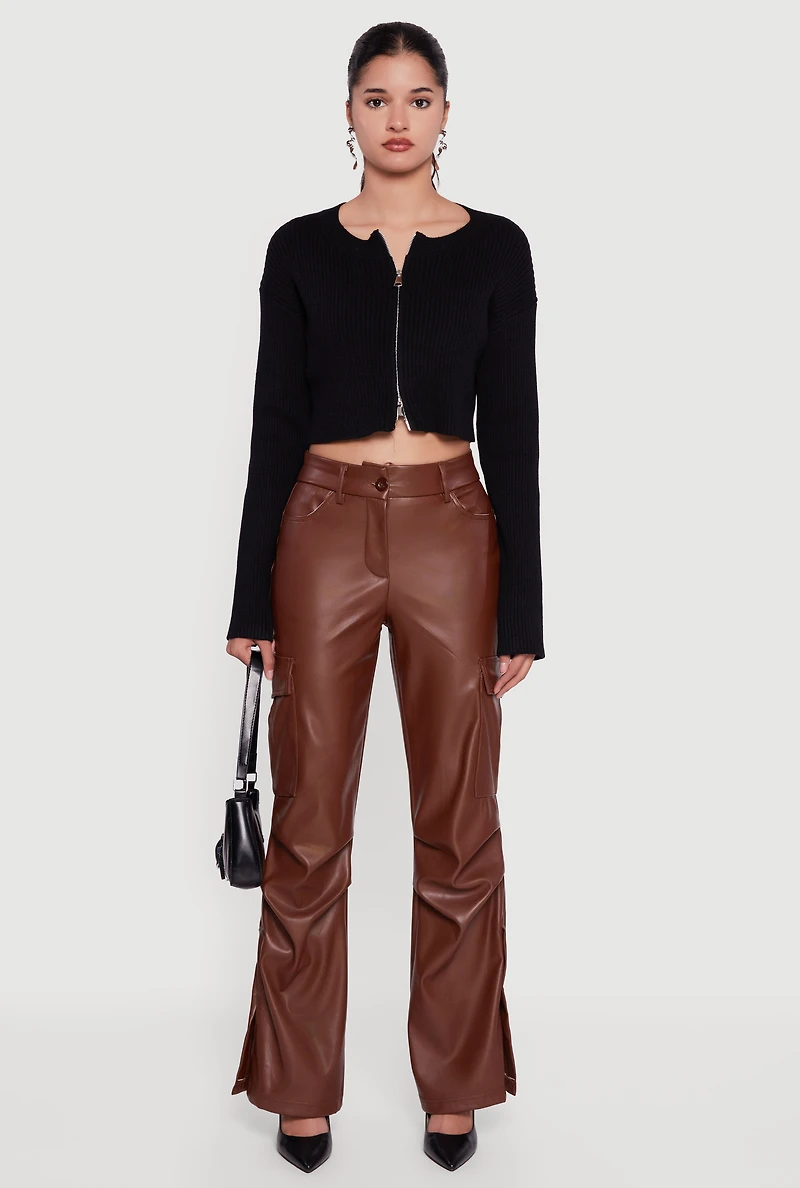 Side Slit Faux Leather Flare Leg Dress Pants