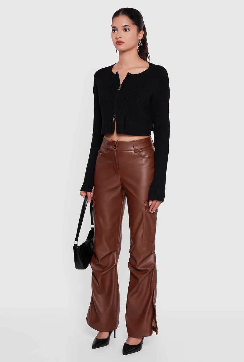 Side Slit Faux Leather Flare Leg Dress Pants
