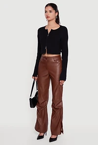 Side Slit Faux Leather Flare Leg Dress Pants