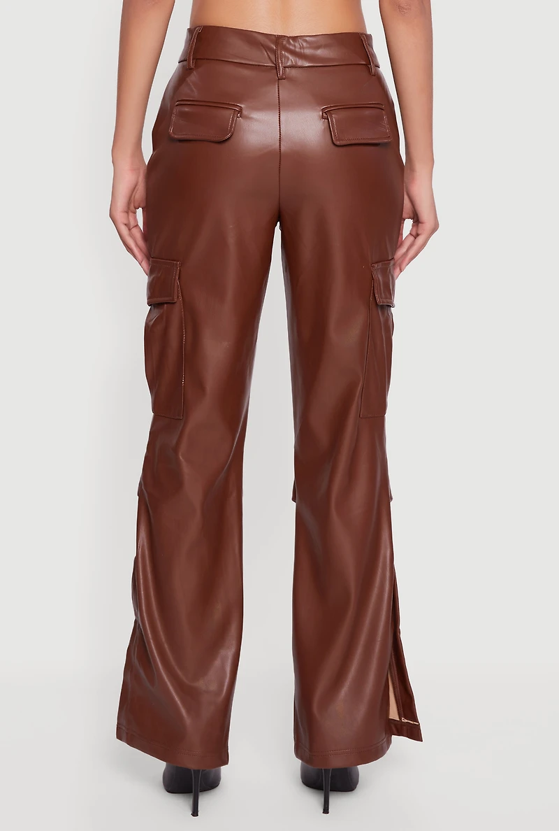 Side Slit Faux Leather Flare Leg Dress Pants