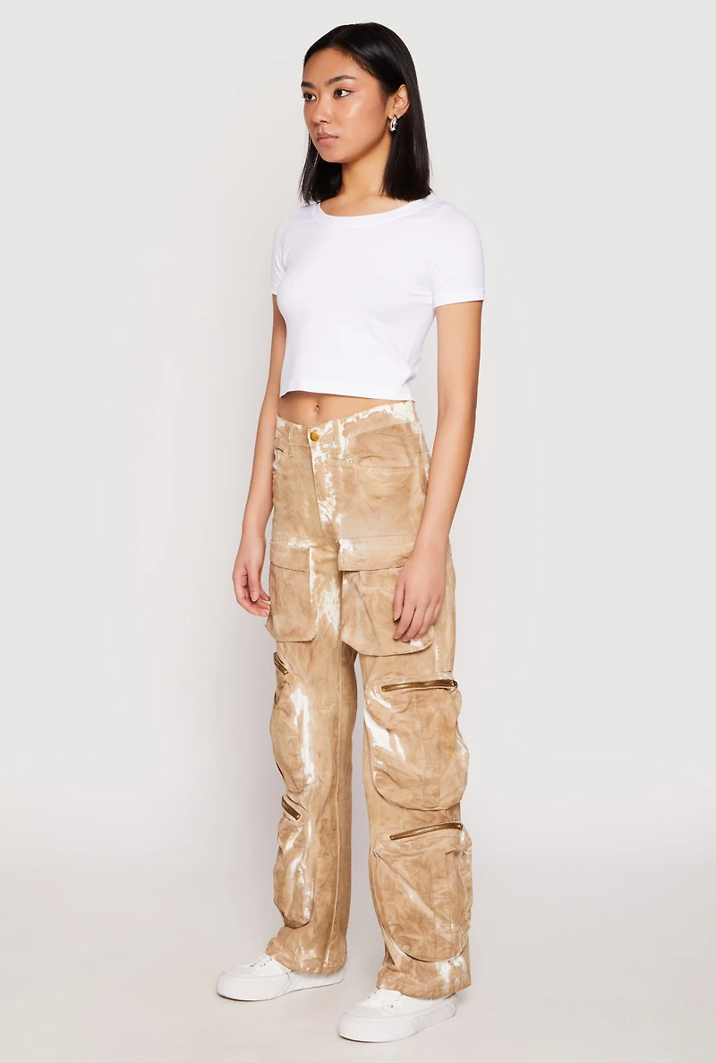 Womens Paint Splatter Zip Cargo Pants, Khaki, Size M