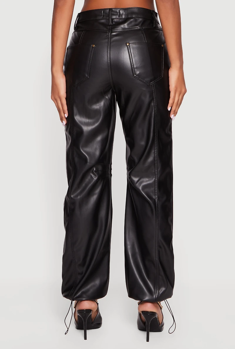 Womens Fleece Lined Faux Leather Joggers, Black, Size S