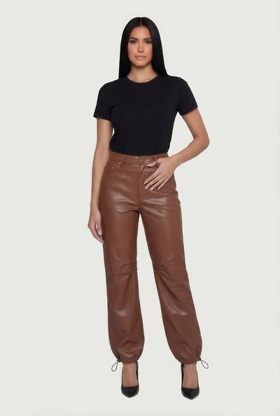 Womens Fleece Lined Faux Leather Joggers, Brown, Size L