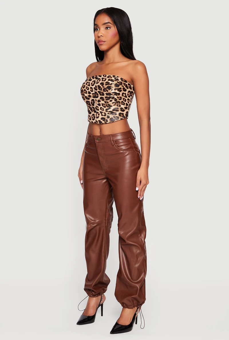 Womens Fleece Lined Faux Leather Joggers, Brown,