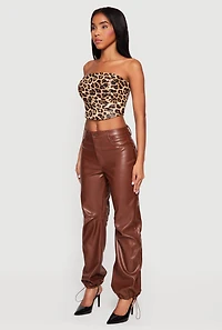 Womens Fleece Lined Faux Leather Joggers, Brown,