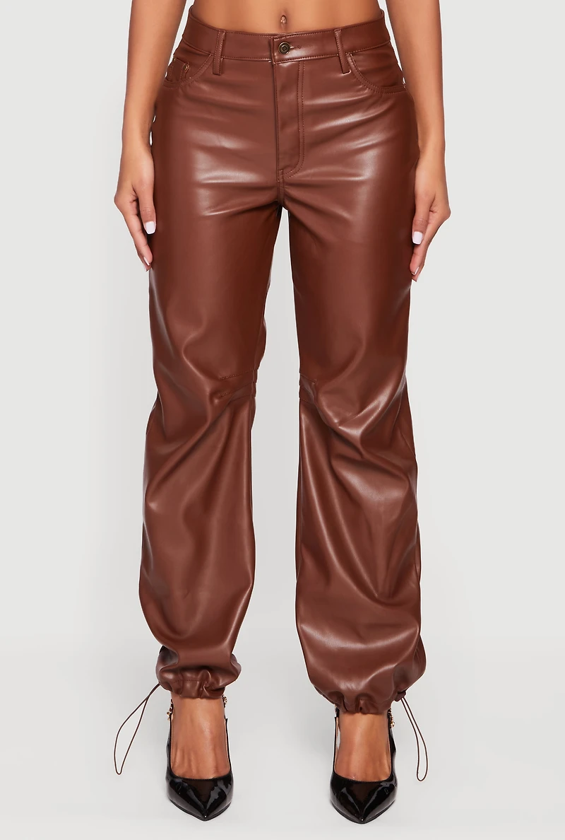 Womens Fleece Lined Faux Leather Joggers, Brown,