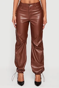 Womens Fleece Lined Faux Leather Joggers, Brown,