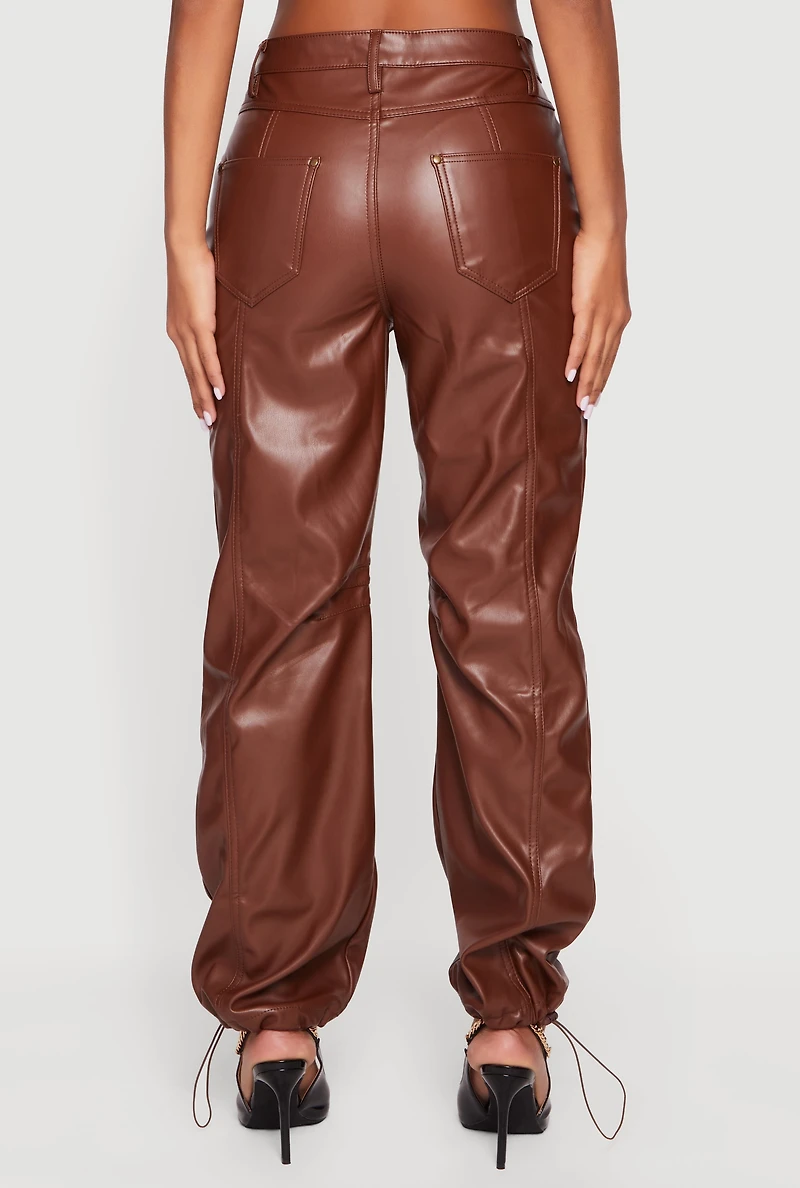 Womens Fleece Lined Faux Leather Joggers, Brown,