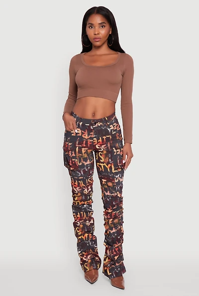 Womens Printed Pattern Stacked Cargo Pants, Multi,