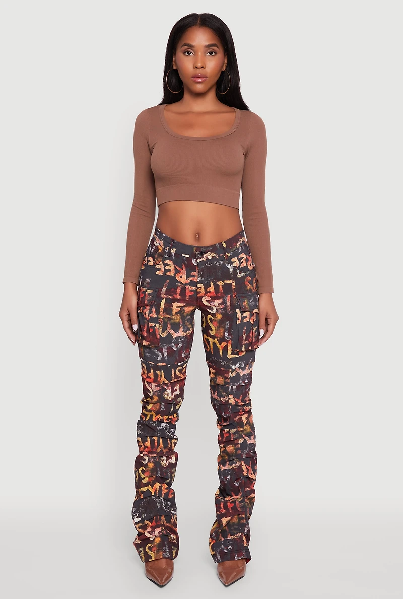Womens Printed Pattern Stacked Cargo Pants, Multi,