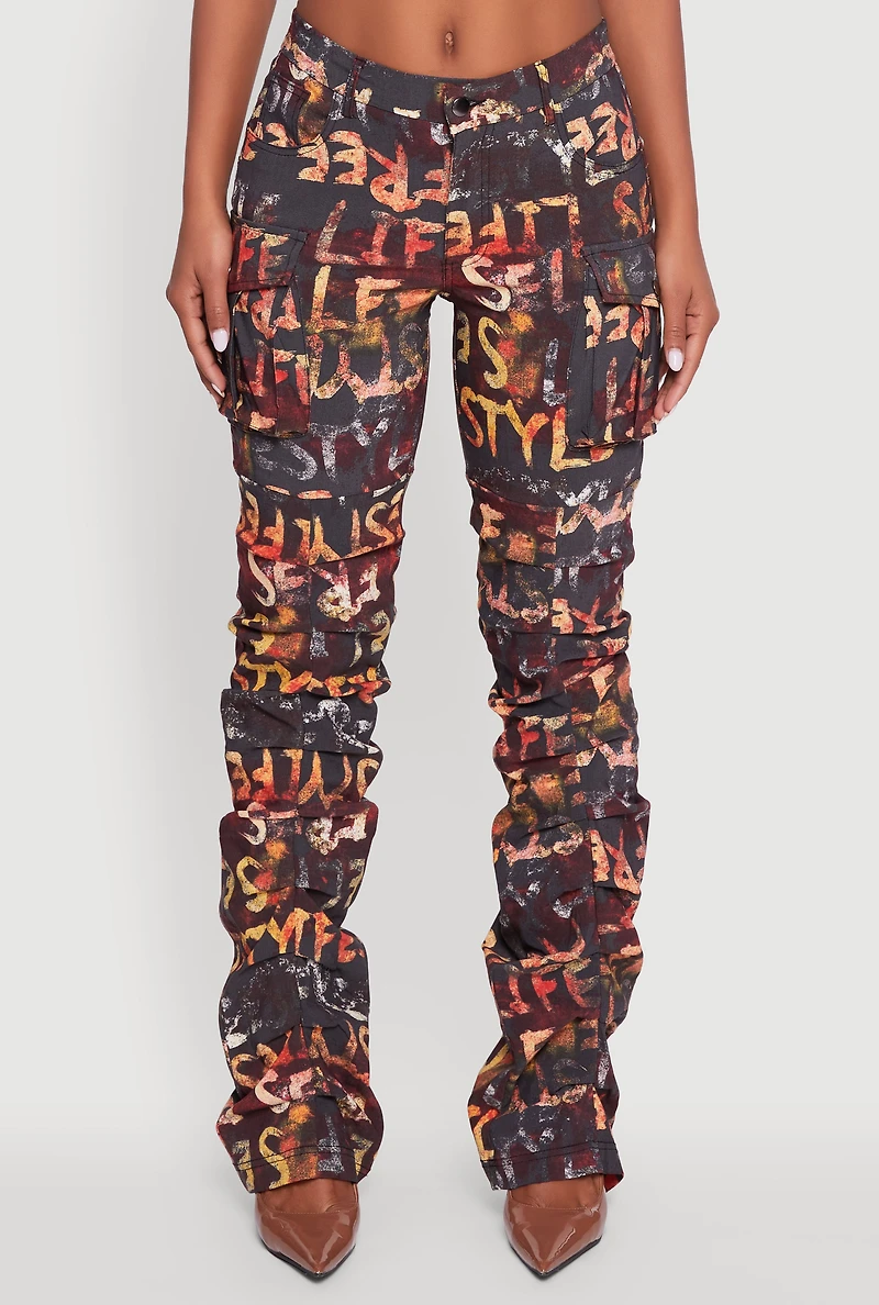 Womens Printed Pattern Stacked Cargo Pants, Multi,