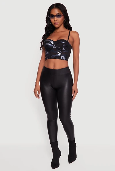Womens Faux Leather Mid Rise Leggings, Black, Size L
