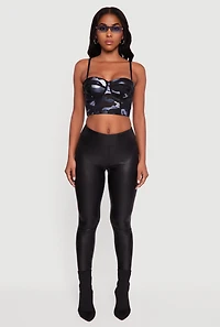 Womens Faux Leather Mid Rise Leggings, Black, Size L