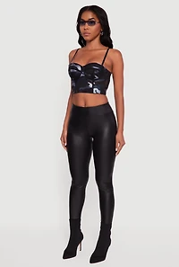 Womens Faux Leather Mid Rise Leggings, Black, Size L