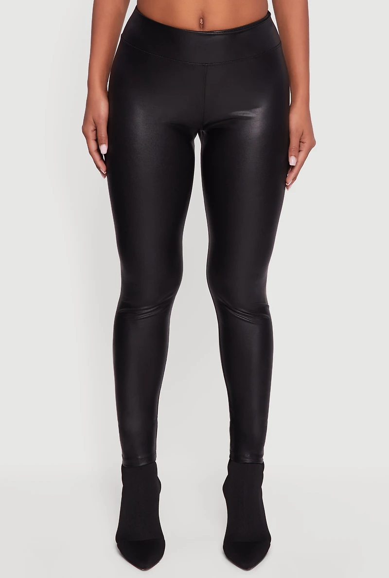 Womens Faux Leather Mid Rise Leggings, Black, Size L